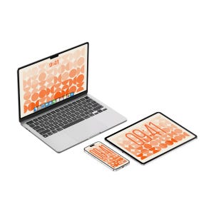 Pode incluir: Um laptop, tablet e smartphone prateados são exibidos. Cada dispositivo mostra um padrão circular retrô laranja e branco na tela, com o horário 9:41 exibido. O laptop tem um teclado completo.