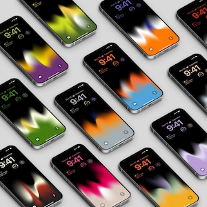 Könnte beinhalten: Mehrere Smartphones mit farbenfrohen Gradienten-Hintergründen werden in einem Winkel dargestellt. Jedes Telefon zeigt die Uhrzeit 9:41 Uhr an, mit Datum und Ort. Die Hintergrundbilder weisen eine Vielzahl von Farben auf, darunter Orange, Lila und Grün.
