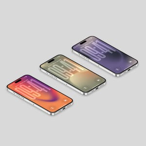 May include: Three smartphones with silver frames and colorful gradient screens. The screens display the time, date, and a lock screen interface. The phones are angled, showcasing their design and screen displays.