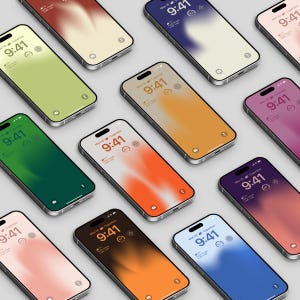 Puede incluir: Varios smartphones con pantallas que muestran una variedad de colores degradados, incluyendo verde, naranja y morado. Cada teléfono muestra la hora 9:41 AM y la fecha, lunes 10 de marzo, en Cupertino. Los teléfonos tienen marcos plateados.
