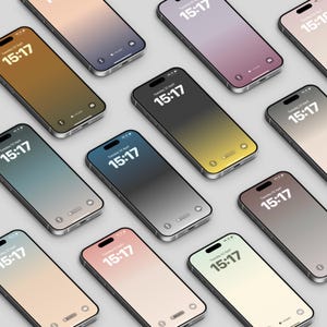 Pode incluir: Nove maquetes de iPhone de diferentes cores com um fundo degradê e o horário 15:17 exibido em cada tela.