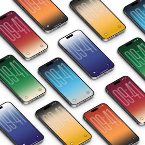Może przedstawiać: Widok izometryczny wielu smartfonów z ekranami w gradientowych kolorach. Każdy telefon wyświetla godzinę "09:41". Telefony mają srebrne ramki i są ułożone na białej powierzchni.