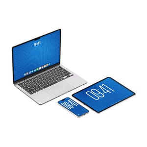 May include: A silver laptop, a tablet, and a smartphone arranged together. Each device features a blue screen with a grid pattern and the time 9:41 displayed. The laptop is open, while the tablet and smartphone are positioned flat.