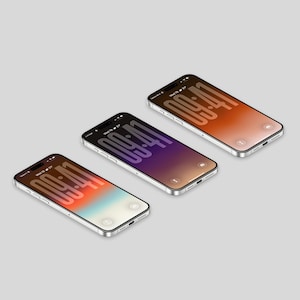 May include: Three smartphones with silver frames are displayed at an angle. Each phone has a different gradient background: orange, purple, and a mix of blue and white. The time 09:41 is displayed on each screen.