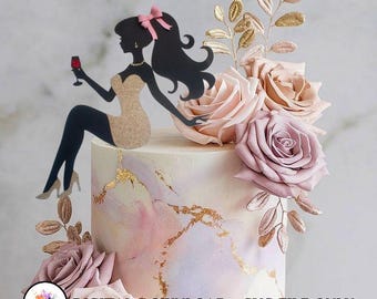Adorno para tarta SVG de chica glamurosa sentada, silueta de mujer con copa de vino, centro de mesa de cumpleaños de una diva de la moda, archivo de corte para Cricut