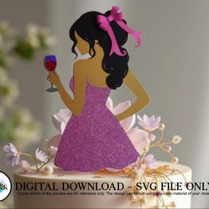 Kokette Cake Topper SVG: Frau mit Schleife & Wein (Digitaler Download