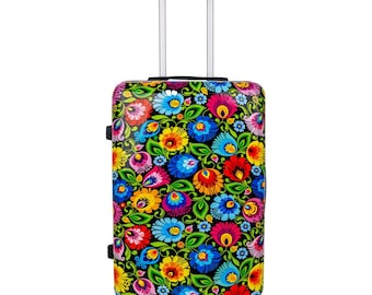 Mala rígida média com estampa floral folclórica polonesa preta, resistente, com capacidade de 76 litros, ideal para despacho de bagagem, com rodas giratórias de 360° e fechadura de segurança.