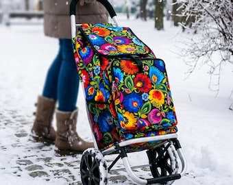 Boodschappentrolley in Łowicz-stijl, zwart met kleurrijke bloemen, waterdicht, opvouwbaar, 42 l