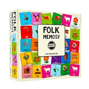 May include: A square educational memory game box titled Folk Memosy with a central white label featuring the text Folk Memosy and Folk Story. The box surface is covered in a grid of colorful squares, each displaying a different illustration.