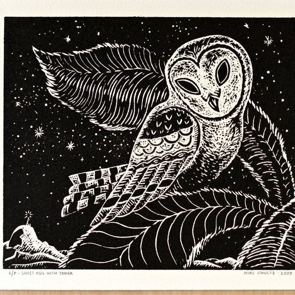 Ghost Owl With Tower (Second Version) - Handmade Linocut Print