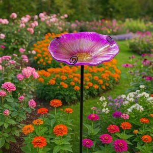 Flower Bird Bath Bowl with Butterfly Design | Outdoor Bird Feeder on Metal Stake | Garden Lawn Patio Yard Decor