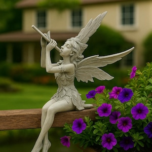Flute Fairy Garden Statue: Angel Sculpture, Whimsical Outdoor Decor