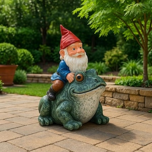 Funny Gnome Riding Frog Garden Statue - Whimsical Resin Lawn Ornament
