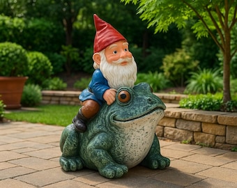 Funny Gnome Riding Frog Garden Statue - Whimsical Resin Lawn Ornament