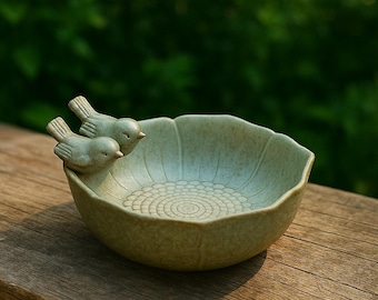 Handmade Ceramic Bird Bath Bowl: Rustic Garden Decor with Bird Figurines