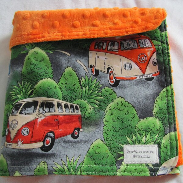 VW Volkswagon Bus Camper Fabric On a Safari Tour Fabric and Orange Minky Stroller Blanket
