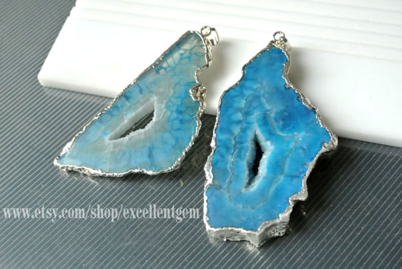 blue Druzy pendant Raw stone pendant Silver Plated Edge Geode agate Pendant JSP-6177 silver Agate slice pendant