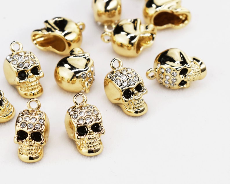 10 Gold Charms Rhinestone Charms Gold Skull Charms Bracelet Etsy