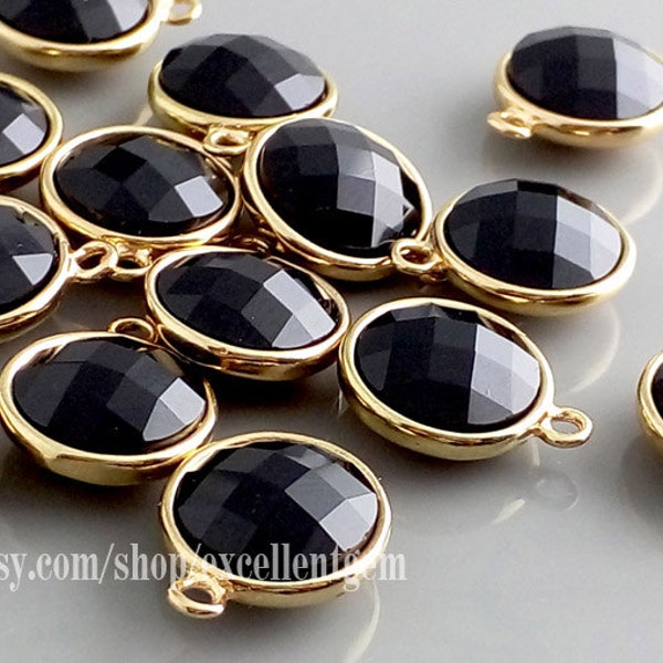 4 Earring charm Faceted Onyx glass Earring Charm Pendant 18k Gold plated over Brass jewelry making Lead free Nickel free- FGC - 006