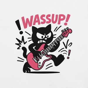 Rock Katzen Grafik T-Shirt - Punk Style Cartoon T-Shirt - Lautes Gitarren Kitty Shirt mit "WASSUP!" Text