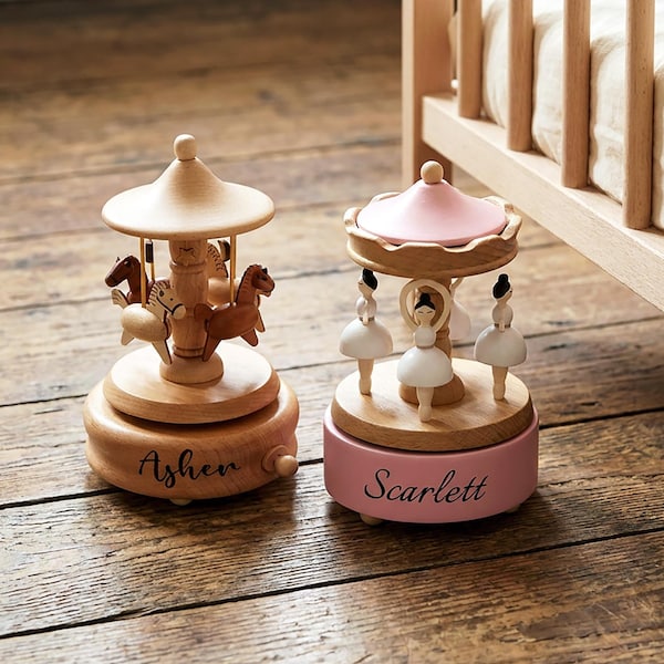 Personalized Wooden Carousel Music Box, Custom Baby Name Keepsake, Nursery Decor, Baby Shower Gift, Newborn Gift, First Birthday Gift