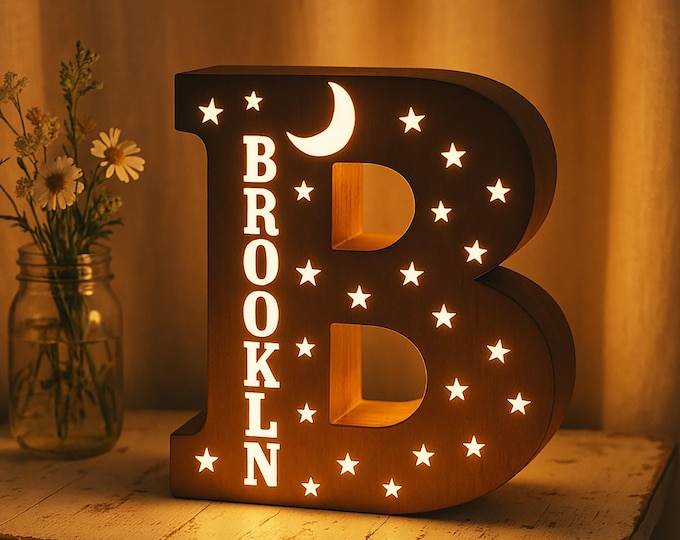 Personalized Wooden Night Light: Custom Name Initial LED Nursery Lamp