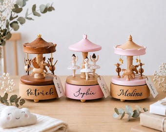 Personalized Wooden Carousel Music Box, Custom Baby Name Keepsake, Nursery Decor, Baby Shower Gift, First Birthday Gift for Girls