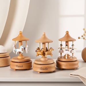 Unique Musical Baby Keepsake – Custom Engraved Wooden Carousel – Ballerina Music Box – Unisex Newborn Gift – Personalized Shower Present