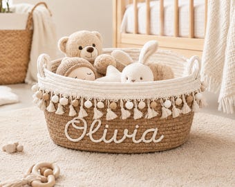 Personalized Baby Name Basket, Custom Cotton Rope Storage Bin, Boho Nursery Organizer, Baby Shower Gift, Toy Basket, Kids Room Decor