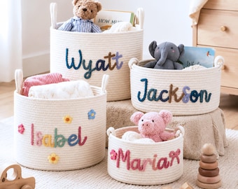 Personalized Baby Name Basket, Nursery Toy Storage with Thread Woven Detail