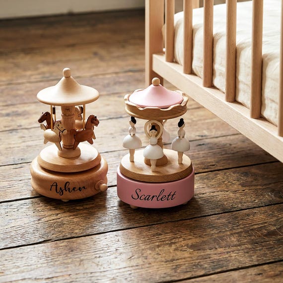 Personalized Wooden Carousel Music Box, Custom Baby Name Keepsake, Nursery Decor, Baby Shower Gift, Newborn Gift, First Birthday Gift