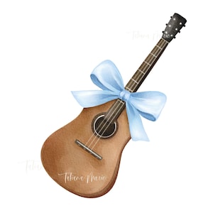 Boho preppy gitaar PNG-afbeelding met blauwe strik | Esthetisch aquarelcoquette | Grandmillennial grillige stijl | Commercieel gebruik downloaden