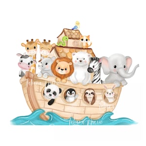 Aquarelle arche de Noé Clipart PNG | Animaux de la fête prénatale | Art chrétien pour chambre d'enfant | Histoire biblique en téléchargement numérique | Utilisation commerciale