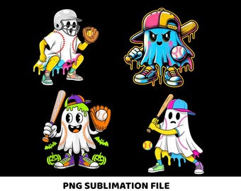 May include: Four cartoon baseball-themed ghost characters in various poses, each with a baseball bat, glove, or ball. The ghosts wear baseball caps and uniforms, with colorful dripping paint effects. The text "PNG SUBLIMATION FILE" is at the bottom.