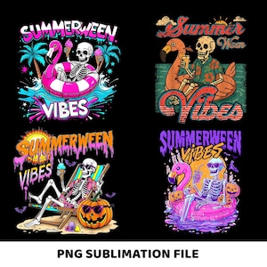 May include: Four colorful graphic designs with a summer and Halloween theme. Each design features a skeleton enjoying summer activities like floating on a flamingo float, relaxing on a beach chair, and drinking a beverage. The text "Summerween Vibes" is included.