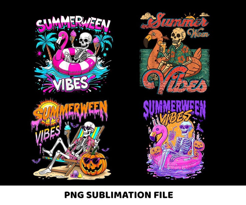 May include: Four colorful graphic designs with a summer and Halloween theme. Each design features a skeleton enjoying summer activities like floating on a flamingo float, relaxing on a beach chair, and drinking a beverage. The text "Summerween Vibes" is included.