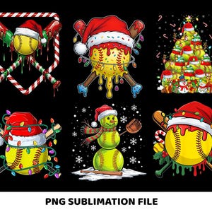May include: A selection of Christmas-themed softball designs. Each design features a yellow softball with a Santa hat, Christmas lights, and baseball bats. Some designs include a snowman made of softballs and a Christmas tree made of softballs.