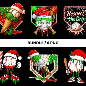 Könnte beinhalten: Eine Sammlung von sechs digitalen Grafiken zum Thema Baseball. Jede Grafik zeigt einen Baseball mit Weihnachtsmütze, schmelzenden grünen und roten Akzenten und einer Baseballfeldform. Eine Grafik enthält den Text "Respect the Drip".