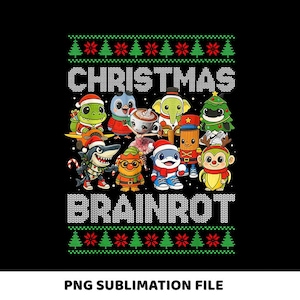 Op de afbeelding: Zwarte afbeelding met de witte tekst "CHRISTMAS BRAINROT", omlijst door een feestelijk patroon van bomen en sneeuwvlokken. Het ontwerp toont cartoonfiguren in kerstoutfits, waaronder kerstmutsen en sjaals.