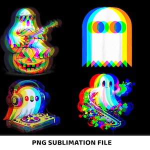Puede incluir: Cuatro diseños de fantasmas coloridos sobre un fondo negro. Un fantasma lleva gafas de sol y toca la guitarra encima de una calabaza. Otro fantasma tiene tres círculos de colores. Un tercer fantasma lleva auriculares y está en una mesa de DJ. El último fantasma tiene remolinos coloridos.