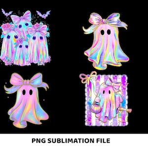 May include: A collection of colorful ghost illustrations with bows and floral accents. The ghosts have a pastel rainbow color scheme. The image includes the text "PNG SUBLIMATION FILE".