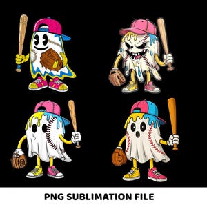 May include: Four cartoon baseball ghost characters with baseball bats, gloves, and baseball caps. Each ghost is designed with a baseball theme, wearing colorful caps and shoes. The text "PNG SUBLIMATION FILE" is at the bottom.