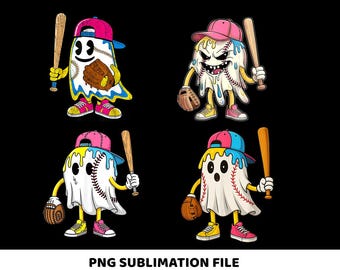 May include: Four cartoon baseball ghost characters with baseball bats, gloves, and baseball caps. Each ghost is designed with a baseball theme, wearing colorful caps and shoes. The text "PNG SUBLIMATION FILE" is at the bottom.