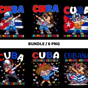 May include: Six digital illustrations featuring cartoon characters dabbing, with the word "CUBA" in red and blue, and the text "HISPANIC HERITAGE". Each character is wearing clothing with the Cuban flag design. The phrase "BUNDLE / 6 PNG" is also present.