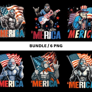 May include: A collection of six digital illustrations featuring a Bigfoot character with patriotic themes. Each design includes the American flag, sunglasses, and the word "Merica" in red, white, and blue.