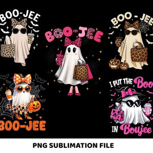 May include: Several Halloween-themed designs showcasing cartoon ghosts wearing sunglasses, bows, and leopard print accessories. The text "BOO-JEE" and "I PUT THE Boo IN Boujee" are included. The designs are set against a black background.