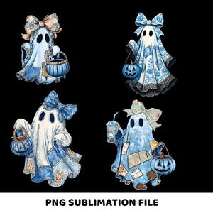 May include: Four whimsical ghost illustrations with blue and white floral patterns, bows, and pumpkin-shaped treat baskets. The ghosts are holding baskets and a beverage. The text "PNG SUBLIMATION FILE" is at the bottom.