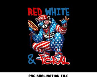 Rood wit en wilde png, grappige VS png, grappige wasbeer png, 4 juli digitale download, wilde png, hotdog wasbeer png, Merica png