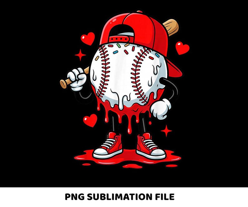 May include: A cartoon baseball character wearing a red cap and sneakers, holding a bat. The baseball has a melting design with red drips and is surrounded by red hearts on a black background. The text "PNG SUBLIMATION FILE" is at the bottom.