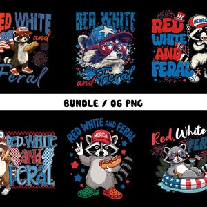 Puede incluir: Colecci&oacute;n de seis dise&ntilde;os gr&aacute;ficos con mapaches con atuendos patri&oacute;ticos. Los dise&ntilde;os incorporan el texto "Red, White, and Feral" con elementos de la bandera estadounidense y fuegos artificiales. Los mapaches se muestran con perritos calientes y gafas de sol.